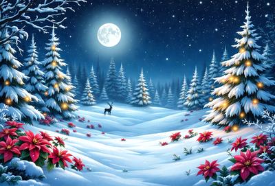 The primary subject of the image is a deer walking through a snow-covered forest at night. The setting is a snowy landscape with trees and a moon in the background. The visual style is a digital art or illustration, creating a serene and peaceful atmosphere. The dominant colors are shades of blue, white, and gray, with the deer and snow adding a touch of red.